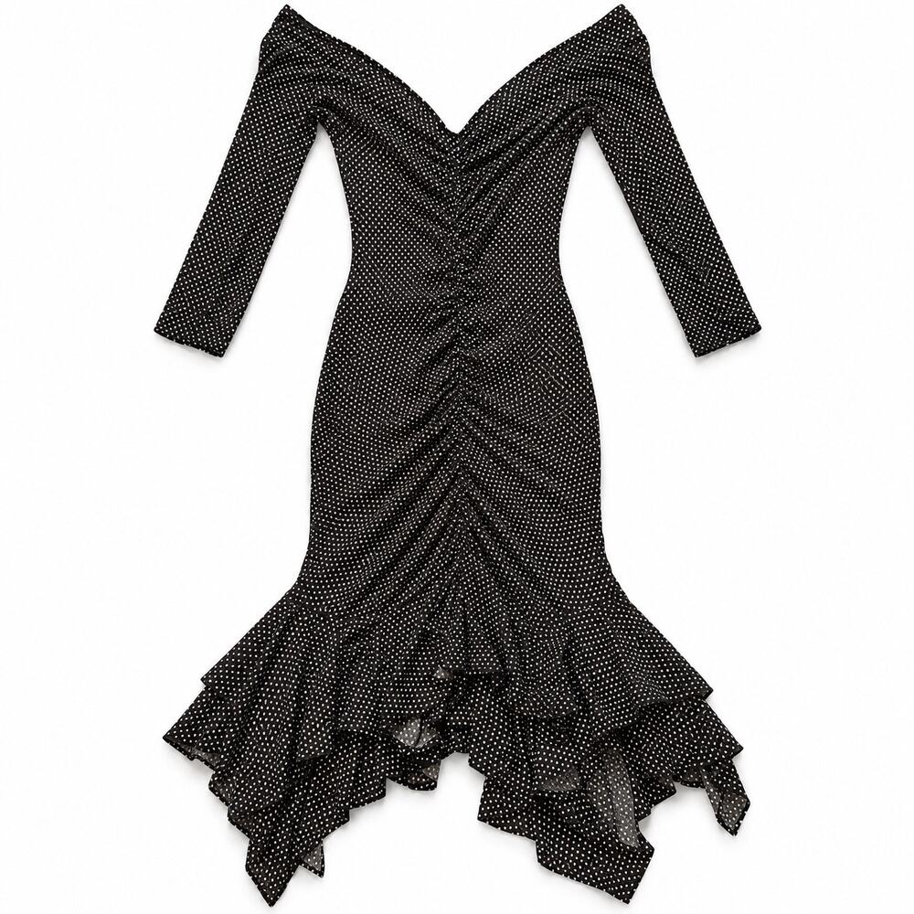 Betsey Johnson Vintage Black White Polka Dot Ruched Ruffle Dress Petite